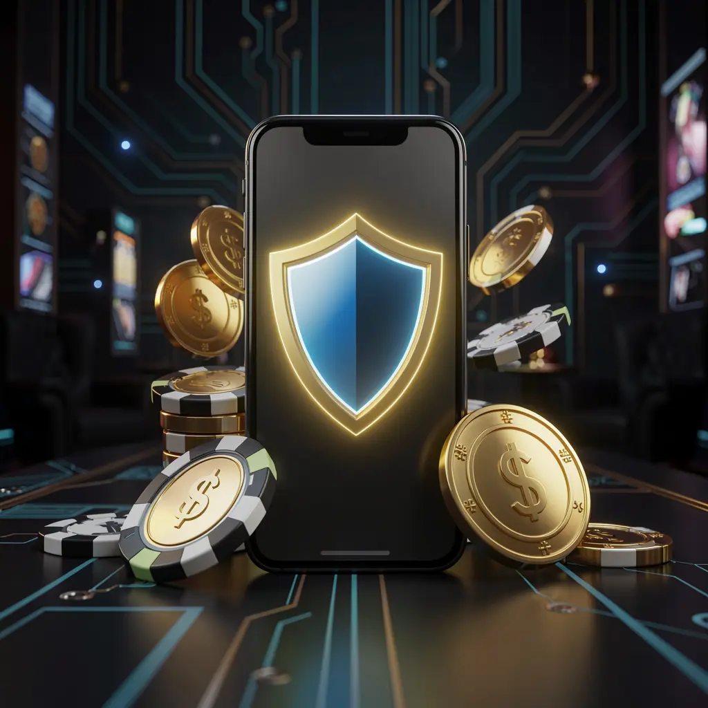 NA333 secure mobile casino app concept showing a smartphone with a glowing shield icon surrounded by golden coins and chips on a dark luxury cyber background in a realistic 3D render