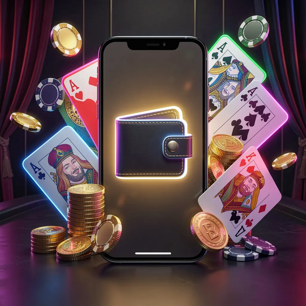 NA333 online casino deposit bonus concept featuring a smartphone screen with a glowing wallet icon surrounded by stacks of golden coins, poker chips, and bank cards on a dark luxury background with neon highlights in a realistic 3D style