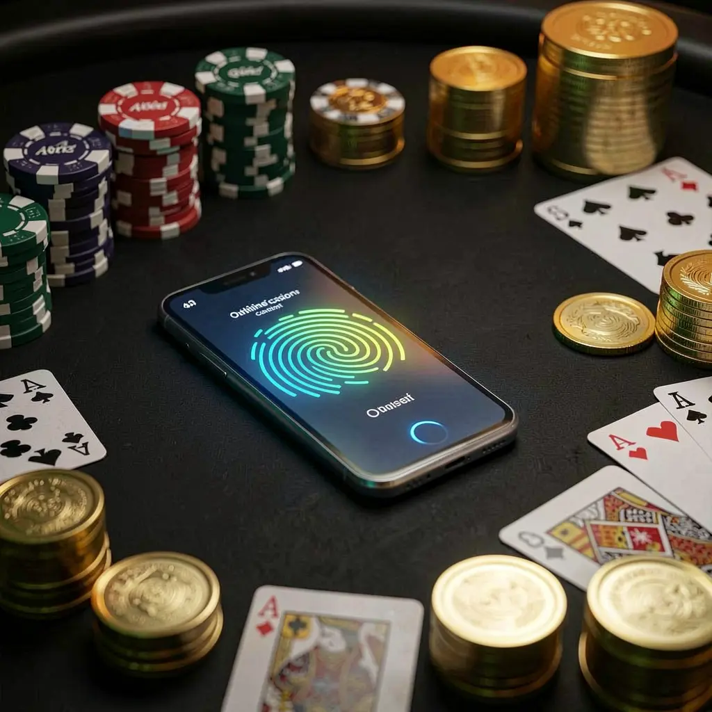NA333 online casino authentication concept showing a phone with fingerprint scan glow on a premium black table surrounded by poker chips, golden coins, and playing cards in a cinematic 3D render