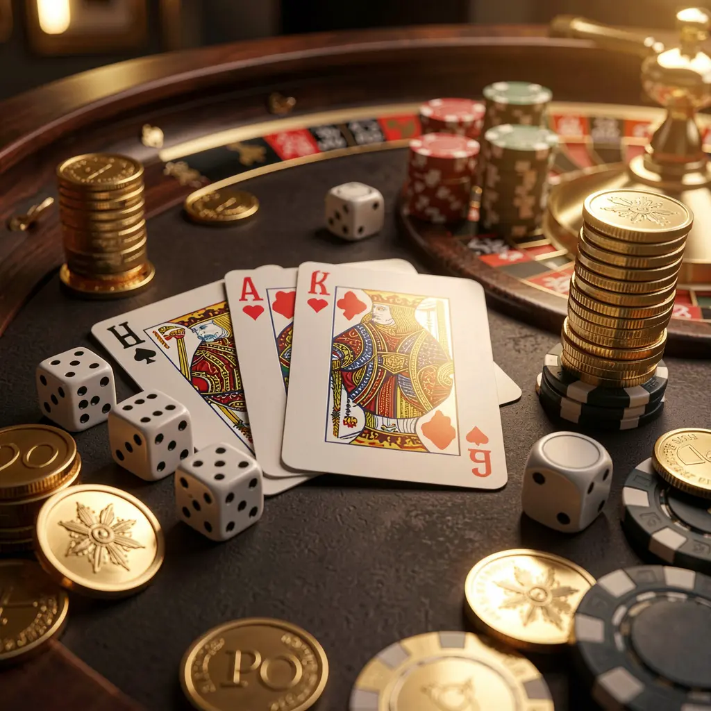 Elegant online casino homepage featuring royal flush cards, dice, golden coins, and poker chips on a dark table with a glowing roulette wheel in the background, showcasing NA333's responsible gaming environment in a cinematic 3D render